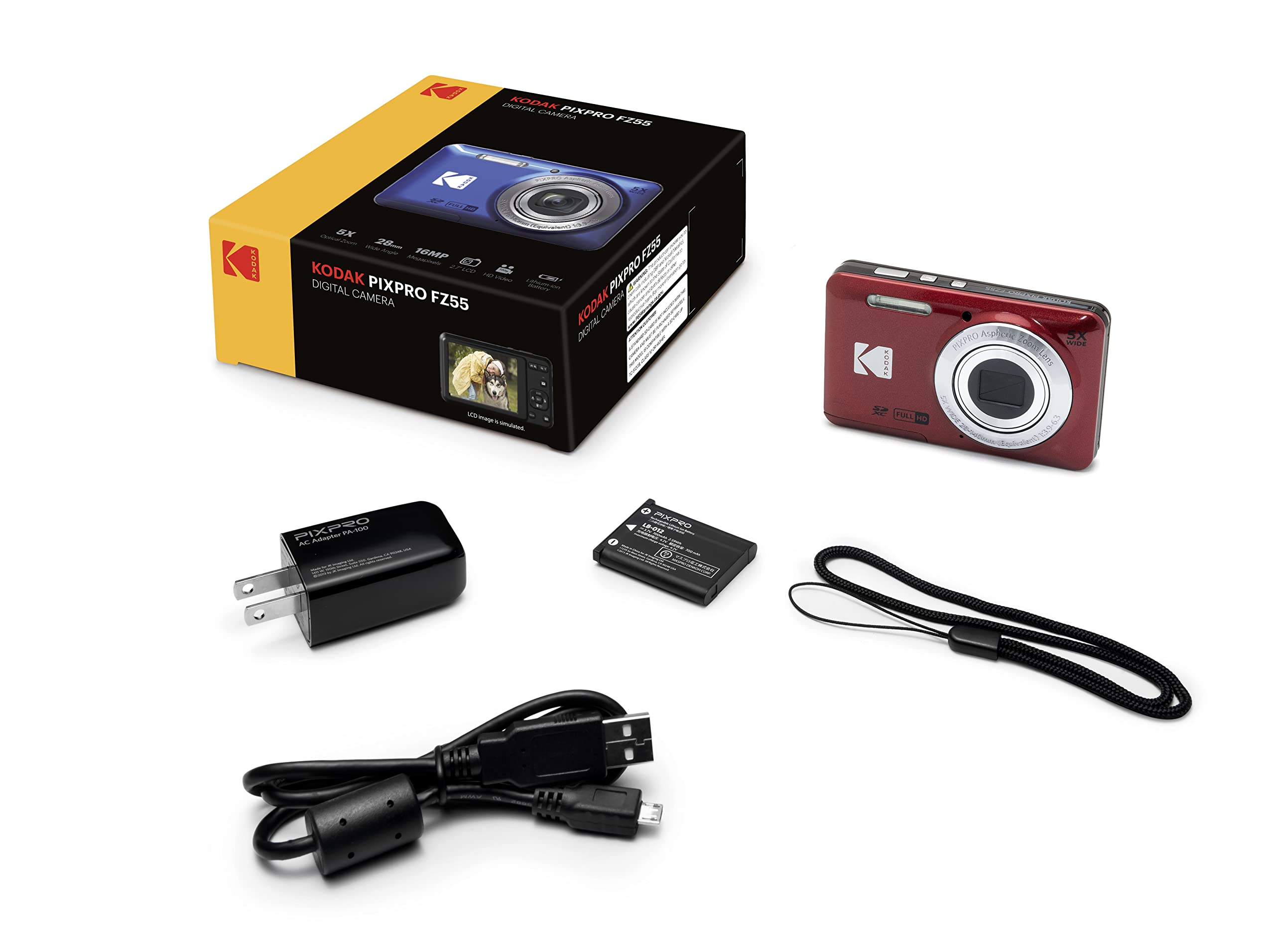 Kodak PIXPRO FZ55 Digital Camera (Red) + 32GB Memory Card + Point and Shoot Camera Case + Extendable Monopod + Lens Cleaning Pen + LCD Screen Protectors + Table Top Tripod – Ultimate Bundle