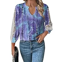 Business Casual Tops for Women, 3/4 Sleeve Loose V-Neck Top Lace Hollow T-Shirt Cotton Summer, S XXXL