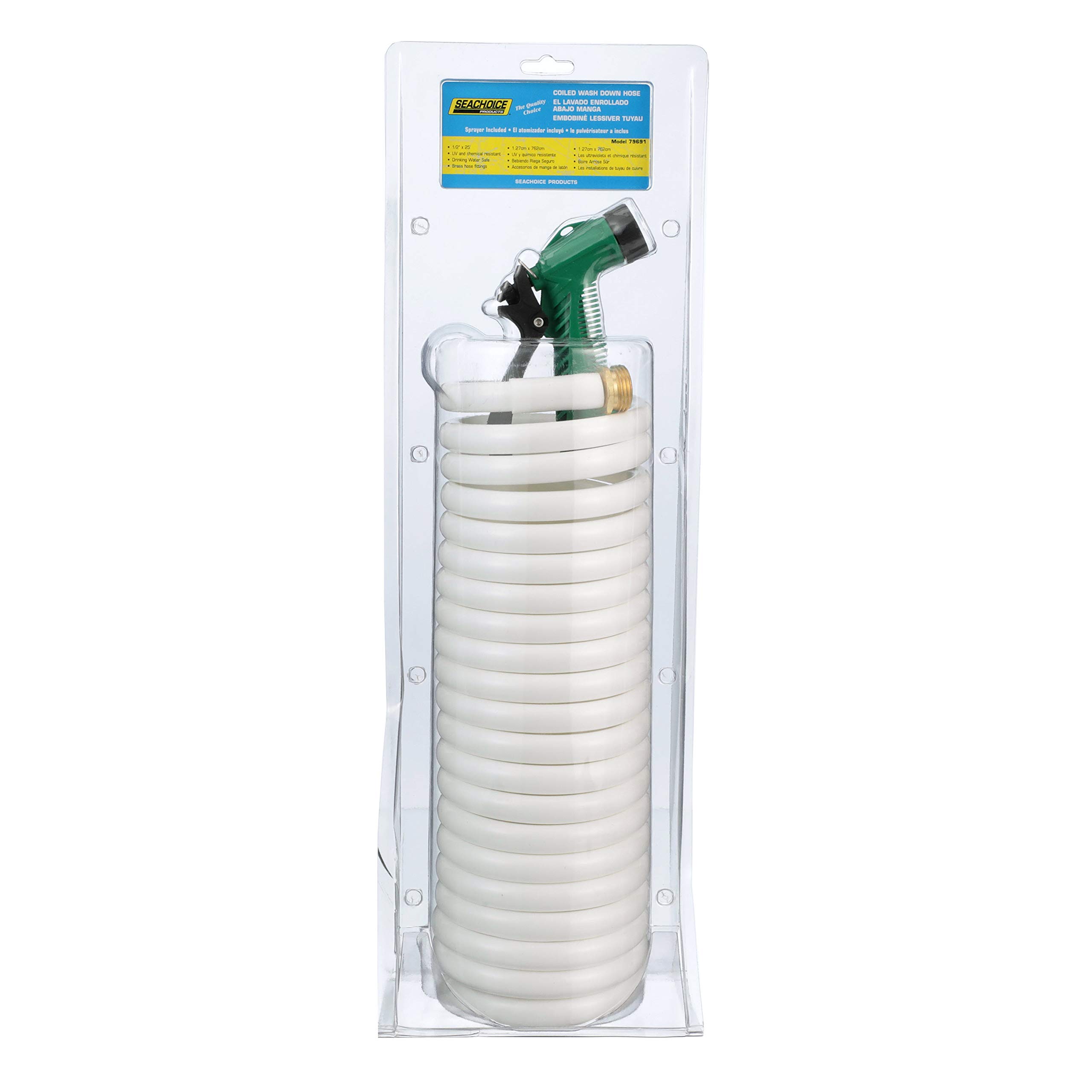 Seachoice Coiled Washdown Hose w/ Sprayer and Brass Fittings, 25 Ft., White
