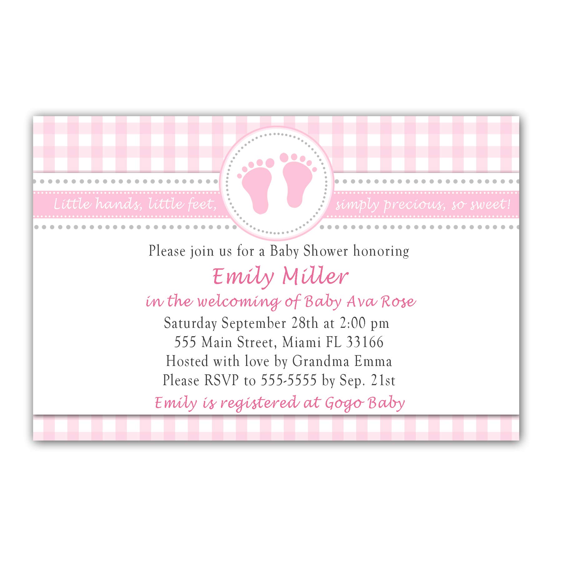 30 Invitations Pink Gingham Footprints Girl Baby Shower Photo Paper