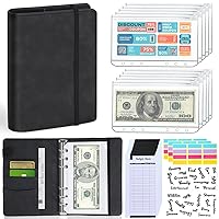 Budget Binder with Zipper Envelopes, Budget Book with Cash Envelopes, Premium Pu Leather A6 Binder with Expense Budget Sheets and Stickers, Savings Binder for Budgeting (Black)