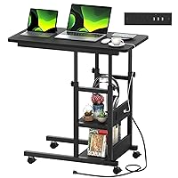 Height Adjustable C Shaped End Table with Charging Station, Mobile Laptop Side Table with USB Port and Wheels, Sofa Couch Table with 2-Tier Storage Shelve for Living Room Bedroom, Black