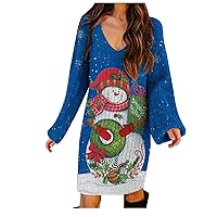 Christmas Dresses for Women Women's Fashion Casual Loose Christmas Print V-Neck Long Sleeve Knee-Length Dress
