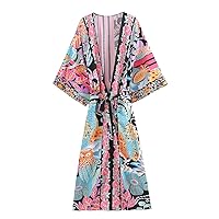 Vintage Chic Floral Print Long Kimono Robes Belt Beachwear Bohemian Bikini Cover Ups Rayon Cotton Kimonos