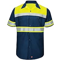 Red Kap Men's Hi-Vis SS Colorblock Ripstop Work Shirt-Type O, Class 1, Fluorescent Yellow/Navy, Medium