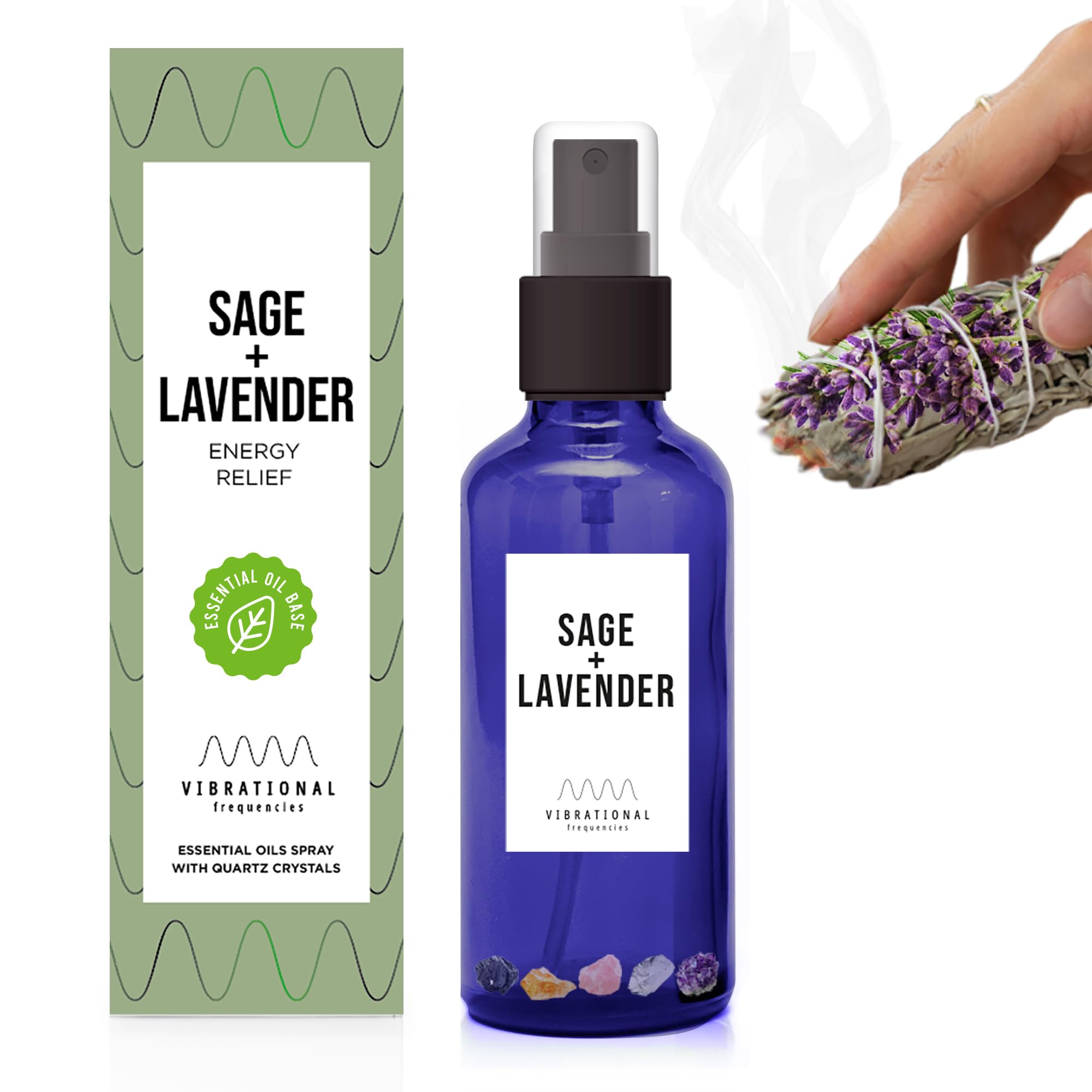 Sage Lavender Smudge Spray with Quartz Crystals for Body and Space, Spiritual Spray, Natural Air Freshener Spray, Home Fragrance Mist Hydrosol Sprayer, Smudging Fragrant Room Sprays (Sage + Lavender)