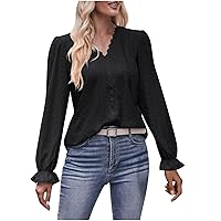 Womens 2023 Summer Fall Blouse Long Sleeve Crochet V Neck Work Shirts Solid Casual Loose Shirts Tops and Blouses