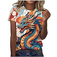 T Shirts for Women Aesthetic Chinese Dragon Graphic Crew Neck Dressy Blouses Summer Short Sleeve Fashion Tunic Tops