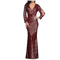 Holiday Dresses for Women Long Sleeve Sexy V-Neck Sequined Slim Fit Mermaid Evening Dress New Years Eve Dress