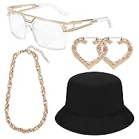 80s / 90s Hip Hop Costume Kit, Rapper DJ Outfits Punk Gold Chain Bucket Hat Vintage Glasses Bamboo Heart Shape Earrings Hip Hop Jewelry Set for Women/Men (Style B)