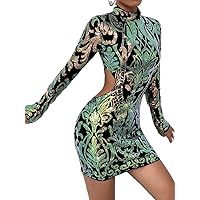 TLULY Dress for Women Baroque Print Cut Out Mock Neck Sequin Bodycon Dress (Color : Multicolor, Size : Medium)