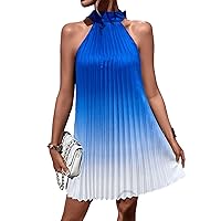 SweatyRocks Women's Sleeveless Tie Back Halter Dress Mini Swing Pleated A-line Skater Dress Blue White S
