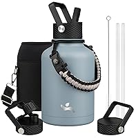 Insulated Water Bottle with Straw,50oz 3 Lids Water Jug with Carrying Bag,Paracord Handle,Double Wall Vacuum Stainless Steel Metal Flask,Storm Blue