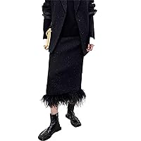 FURINFASHION GR-202 Women's Casual Cashmere Skirt with Fluffy Ostrich Feather Slim Fitting Luxury Skirts