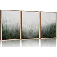 HPINUB Misty Green Forest Framed Canvas Wall Art Set, Nature Scenery Modern Wall Decor, Foggy Mountain Wall Painting, Woodland Landscape Nursery Art Print for Living Room, Bedroom, Office - 16