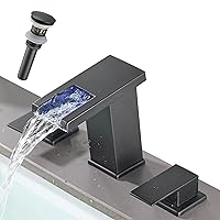 Bathroom Sink Faucet, 3-Piece Waterfall LED Light, 3 Hole, Black, Brass Stainless Steel, Widespread, for Bathroom & RV Sinks