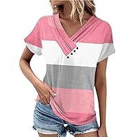 Going Out Tops for Women Fashion Retro Printed T-Shirts Pleated Button Shirt Short Sleeve V-Neck Tops Basic Comfortable