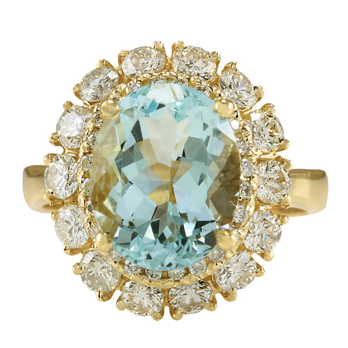 5.15 Carat Natural Blue Aquamarine and Diamond (F-G Color, VS1-VS2 Clarity) 14K Yellow Gold Cocktail Ring for Women Exclusively Handcrafted in USA