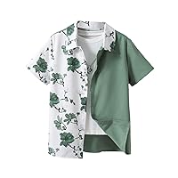 Boy's Color Block Floral Print Collar Shirt Casual Summer Short Sleeve Button Down Tops