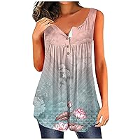 Womens Tank Top Oversized Womens Sleeveless Button Down Henley Shirt for Woman Vintage Floral Print Pleated Flowy Tanks Ladies Ethnic Graphic Tee Basic Tunic Tops Loose Blouse Pink 4X