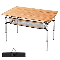 KingCamp Bamboo Folding Table Camping Table with Large Storage Bag Adjustable Height Aluminum Legs Heavy Duty 176 lbs 4-Fold Portable Camp Tables for Travel, Picnic, RV, 4-5 People