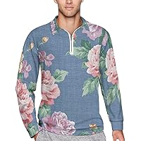 Classic Popular Flower Mens Long Sleeve Polo Shirts Zippered Quarter Sweatshirts Golf Tennis T-Shirt Tops
