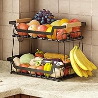 2 Tier Countertop Fruit Basket with 2 Banana Hangers for Kitchen, Detachable Metal Organizer for Bread Vegetable Fruits with Wooden Handle, Large Capacity Rectangular Storage Stand Bowls, Black