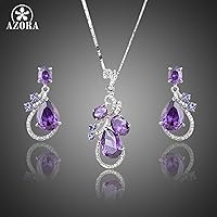 Lastest Issued Purple Top grade Cubic Zirconia Water Drop Earrings and Pendant Necklace Jewelry Sets