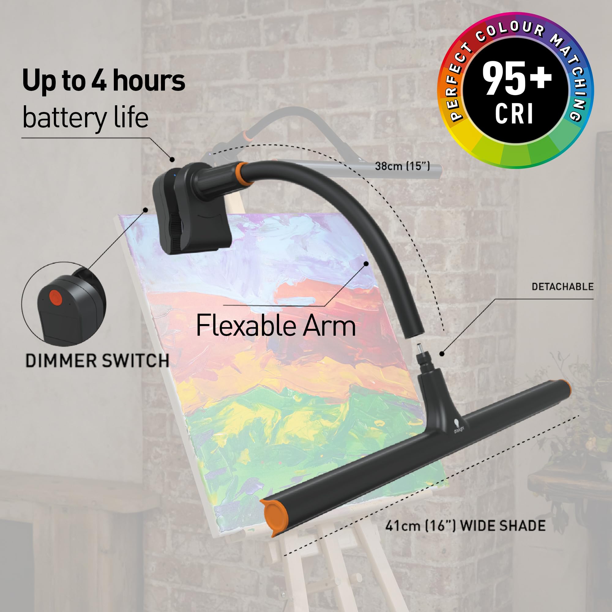 Daylight Company Easel Lamp Go™ Premium 95+ CRI LED Art Lamp with 3-Step Dimmer, USB-C Cable, and Built-in Battery for Superb Color Reproduction and Uninterrupted Illumination