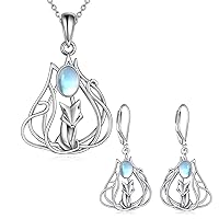 WINNICACA Fox Jewelry Set for Women Moonstone Drop Leverback Earrings Sterling Silver Fox Necklace with Moonstone Fox Gifts for Women Birthday Christmas Gifts for Women