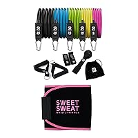 Sweet Sweat Original Waist Trimmer (Pink, Large) & Resistance Training Bands Set Bundle