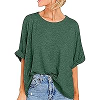Womens Tops Casual Dressy Raglan Crewneck Short Sleeve Shirts Blouse Drop Shoulder Rolled Sleeves Plain Solid Tshirt