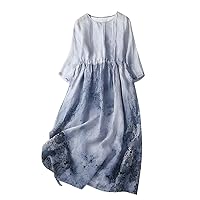 Women's Bohemian Style Elastic Waist Band Cotton Linen Long Maxi Skirt Dress 3/4 Sleeve Pleated Beach Flowy Dresses
