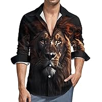Animal King Lion Hawaiian Shirt for Men Long Sleeve Button Down Beach Tops Dress Shirt