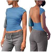 ForeFair Women Sexy Backless Short Sleeve Slim Fit Crewneck Summer Casual Y2K Crop Tee