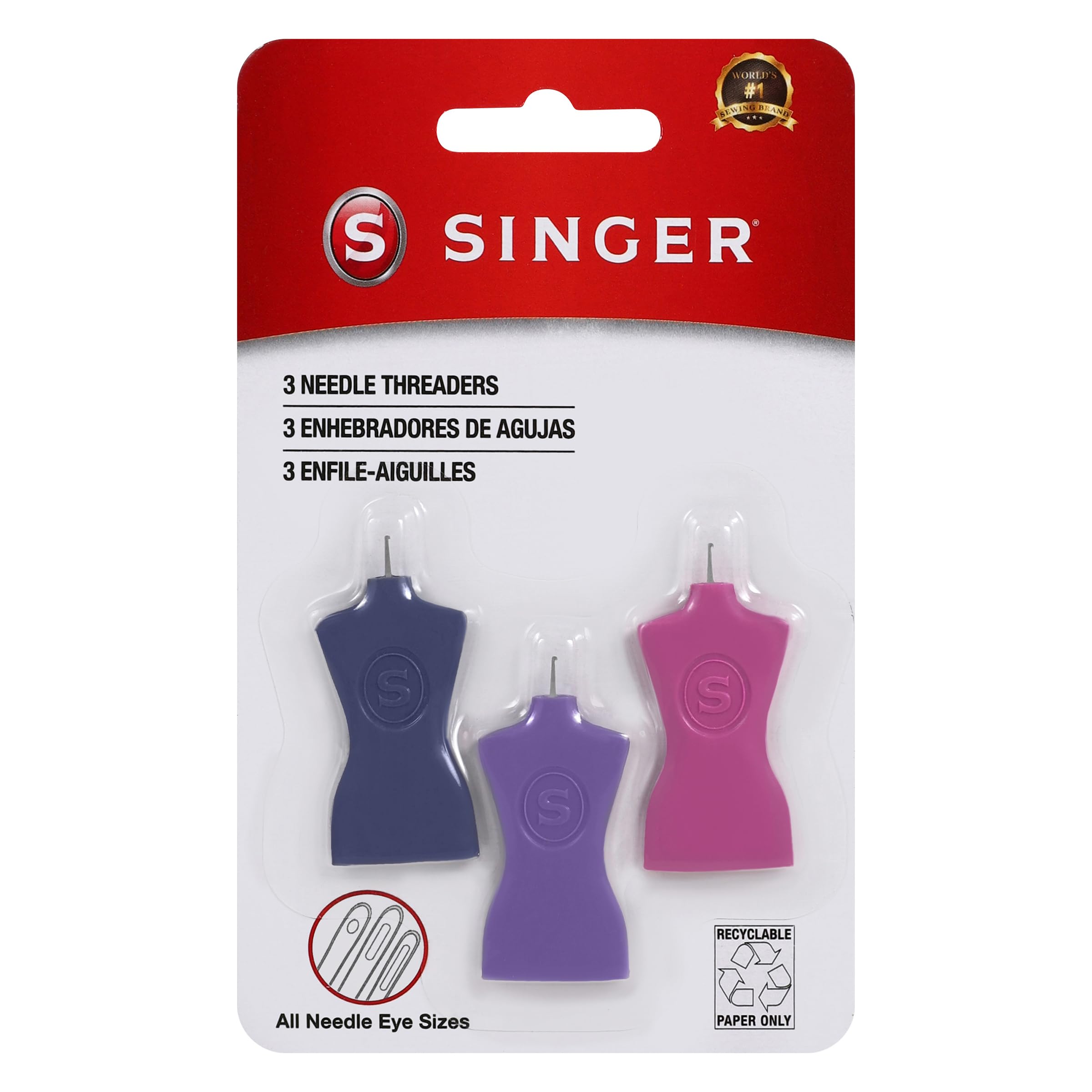 SINGER Hook Eye Needle Threaders, Set of 3 - Versatile & Easy Threader for Hand & Machine Sewing – Assorted Colors – Ideal for Clothes Mending, Embroidery & Essential Sewing Supplies