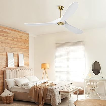 Obabala 60'' Outdoor/Indoor Damp Ceiling Fan with Remote Control, 3 White Balsa Wood Blades, Gold