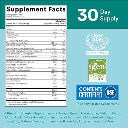 SmartyPants Prenatal Vitamins for Women, Multivitamin Gummies: Omega 3 Fish Oil (EPA/DHA), Biotin, Methylfolate,Vitamin D3,C, Vitamin B12, B6,Vitamin A, K & Zinc,120 Count(30 days)(Packaging may vary)