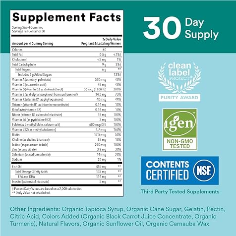 Prenatal Vitamins for Women, Multivitamin Gummies: Omega 3 Fish Oil (EPA/DHA), Biotin, Methylfolate,Vitamin D3,C, Vitamin B12, B6,Vitamin A, K & Zinc,120 Count(30 days)(Packaging may vary)