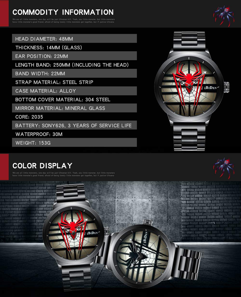 Gosasa Luxury Men's Spider Man Watch Stainless Steel Quartz Watch Large Face Wrist Watch for Men