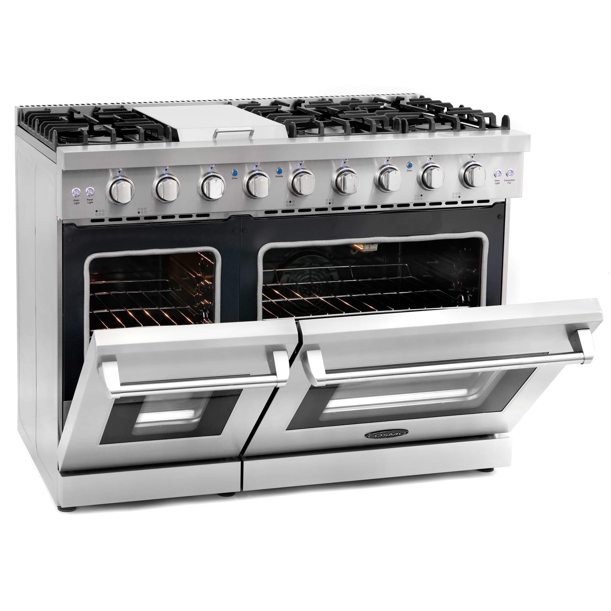COSMO COS-EPGR486G 48 in. Slide-In Freestanding Double Gas Range with 6 Sealed Burner & Griddle Cooktop, Cast Iron Grates and Primary Convection Oven in Stainless Steel, 48 inch