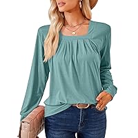 Long Sleeve Tops For Womens Dressy Casual, Square Neck Loose Fit Shirts,Pleated Lightweight Tunic Tops