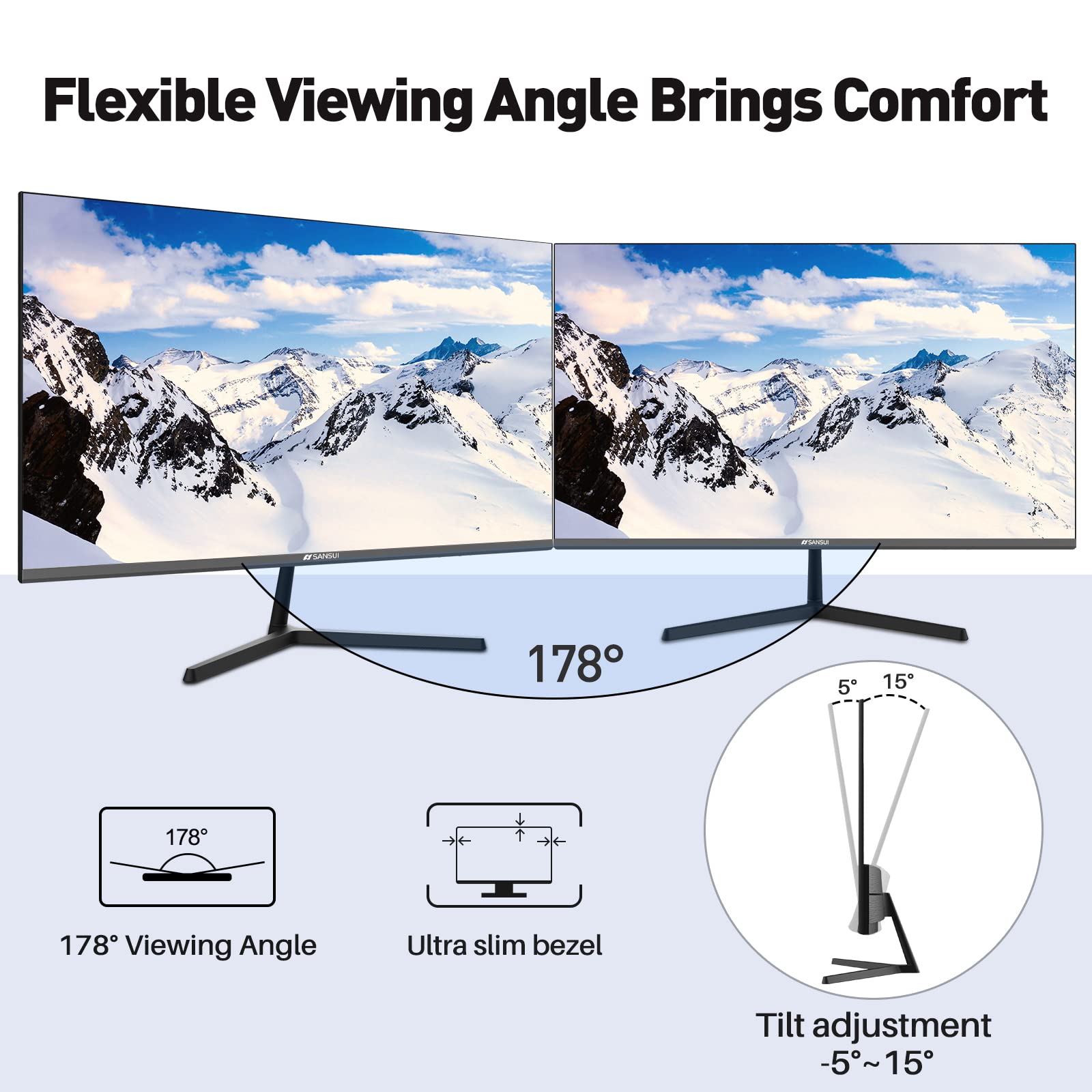 SANSUI Monitor 22 Inch IPS 75Hz FHD 1080P HDMI VGA Ports Computer Monitor Ultra-Thin Tilt Adjustable VESA Mount Compatible with Eye Comfort 178° Wide Viewing Angle for Game and Office