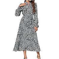 Women Casual Spring Summer Dresses Keyhole Ruffle Sleeve Pleated Tie Waist Leopard Print Flowy Boho Maxi Beach Dress