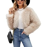 Gihuo Women's Winter Cropped Faux Fur Coat Long Sleeve Open Front Cardigan Fleece Jackets Shaggy Parka Outerwear