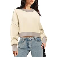 MEROKEETY Women's Crewneck Cropped Color Block Sweater Batwing Sleeve Ribbed Knit Pullover Jumper