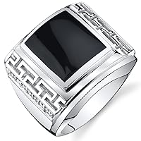 PEORA Men's Genuine Black Onyx Greek Key Chunky Signet Ring 925 Sterling Silver, Large 13x10mm Rectangular Shape, Sizes 8 to 13