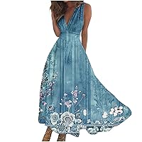 Vintage Beach Cocktail Sundress Women Wrap V Neck Sleeveless Floral Maxi Dresses Summer Flowy Elegant A-Line Dress