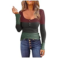 Women's Casual Color Block Shirts Button Down Henley T-Shirts Long Sleeve Ribbed Tunic Scoop Neck Slim Fit Tops