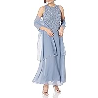 J Kara Women's Petite Sleeveless Beaded Pop Over Long Dress with Scarf